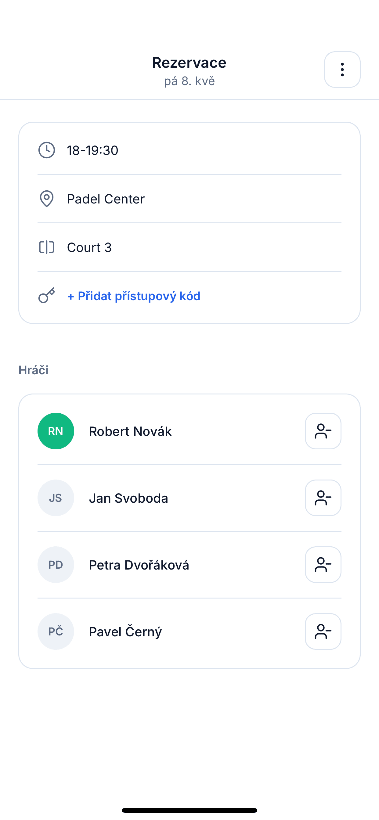 Obrazovka detailu rezervace s hráči, časem a kurtem