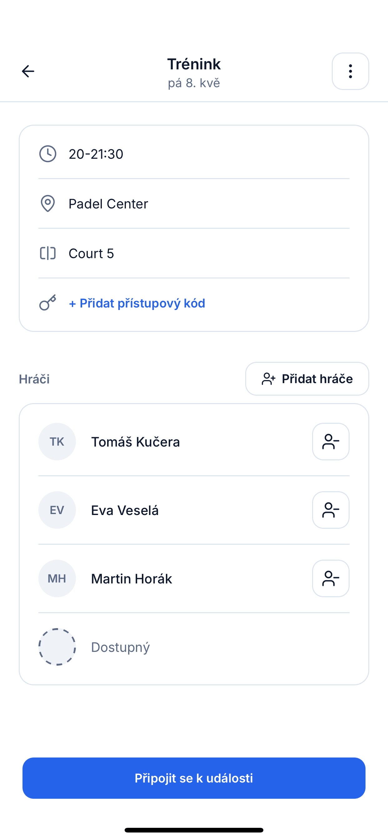 Obrazovka událostí se seznamem nadcházejících her, ke kterým se hráči mohou připojit