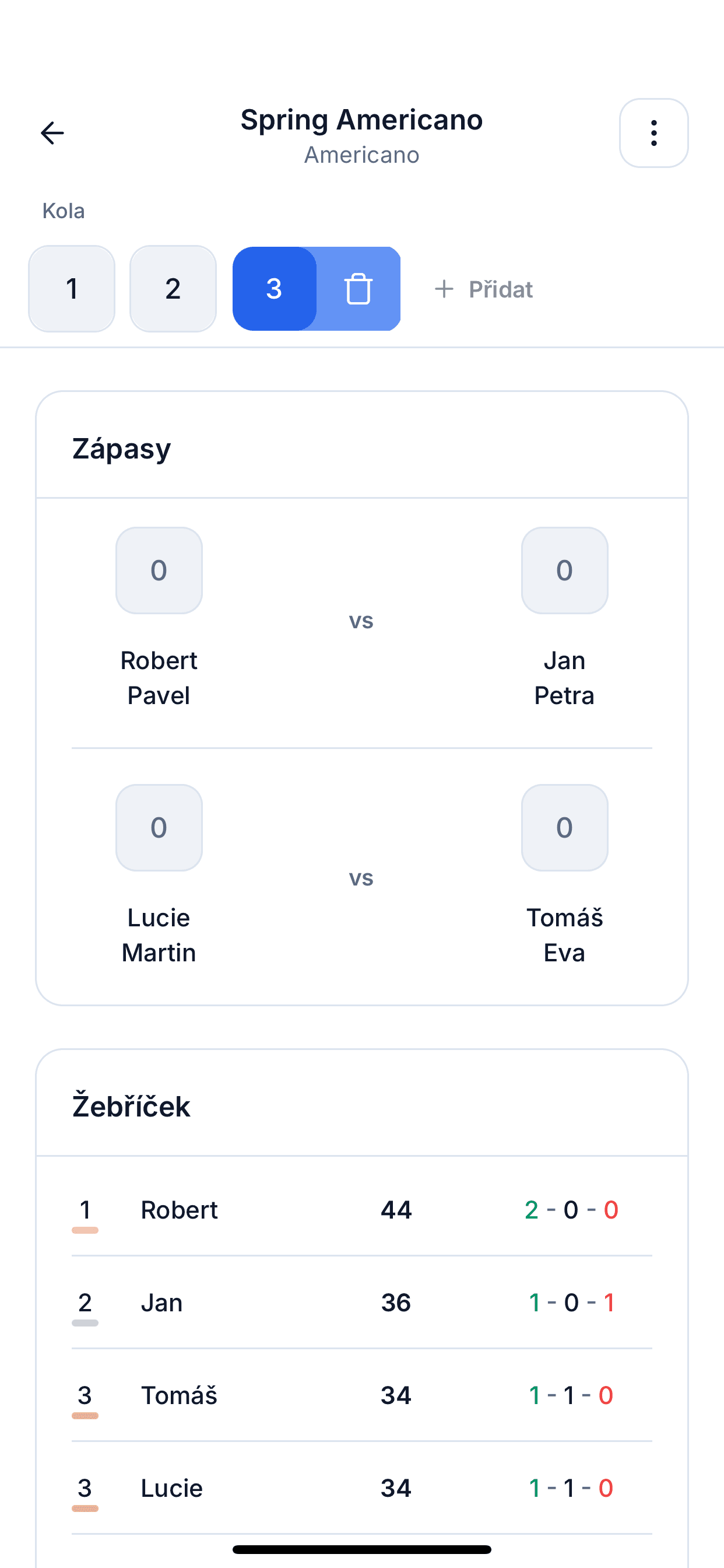 Obrazovka živého bodování s zadáváním bodů po jednotlivých zápasech