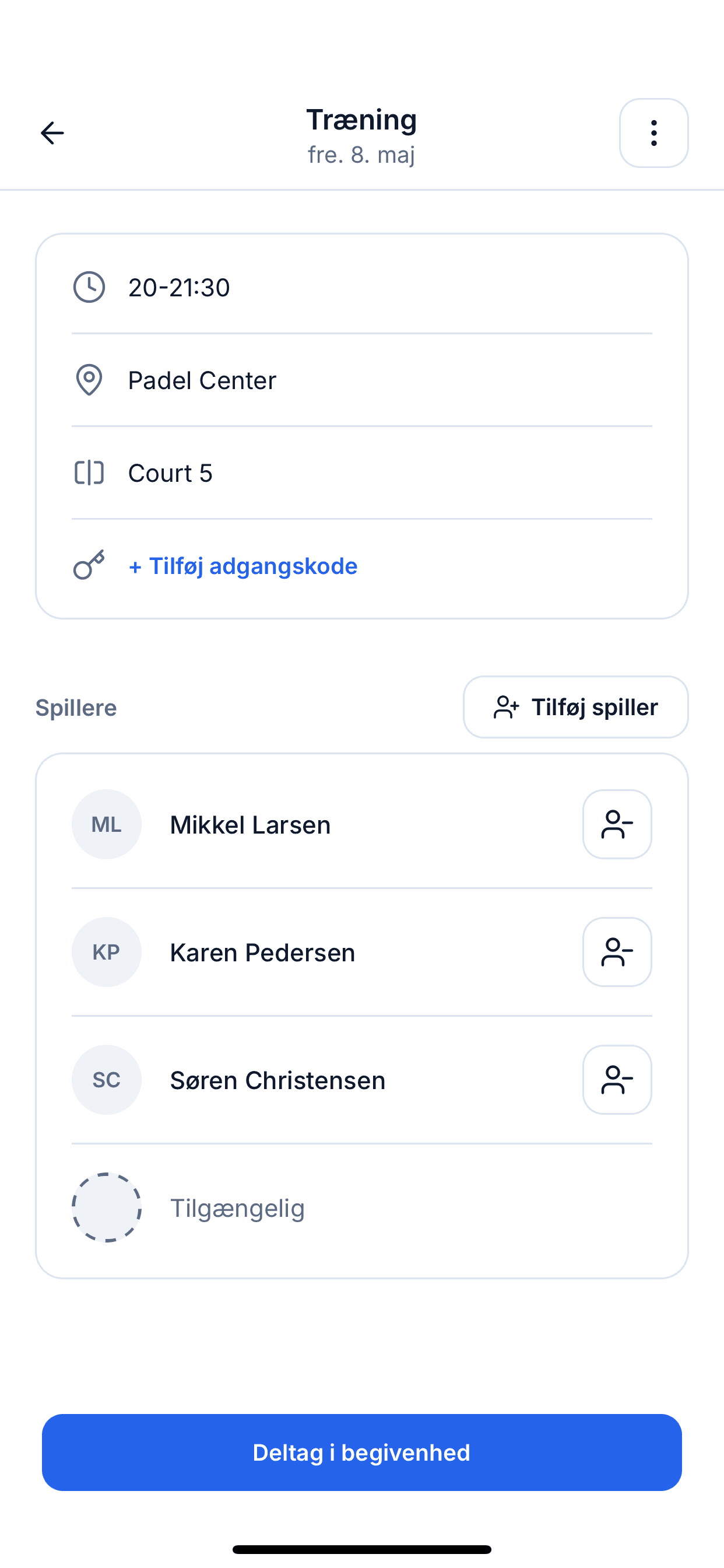 Begivenhedsskærm med kommende sessioner, som spillere kan deltage i