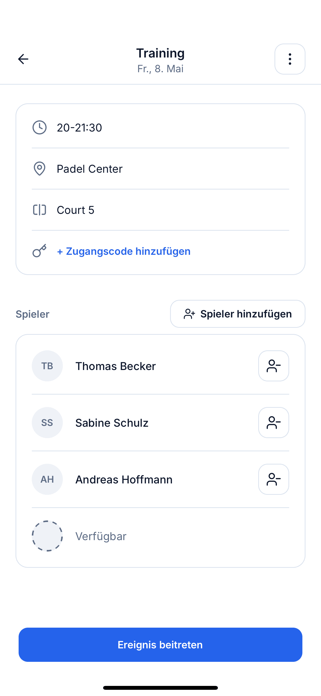 Ereignisliste mit kommenden Sessions, denen Spieler beitreten können