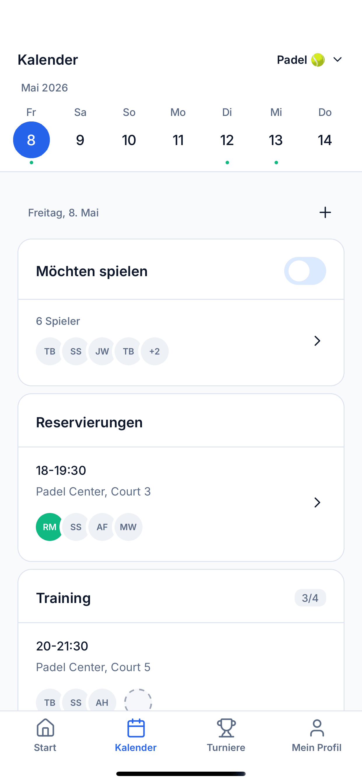 Bildschirm zur Gruppen-Verfügbarkeit mit als verfügbar markierten Spielern für ein Datum
