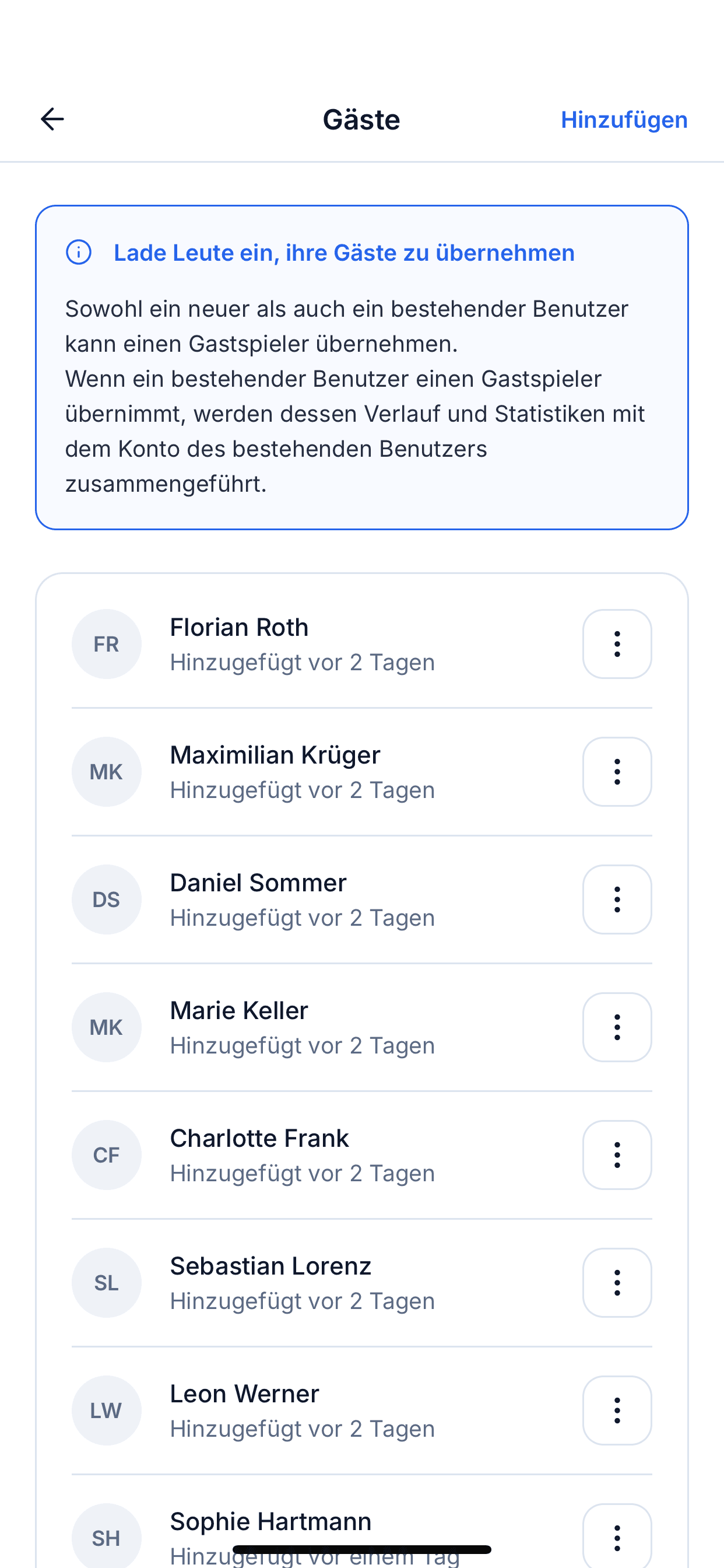Bildschirm zur Gästeverwaltung mit den von einem Administrator hinzugefügten Gastspielern