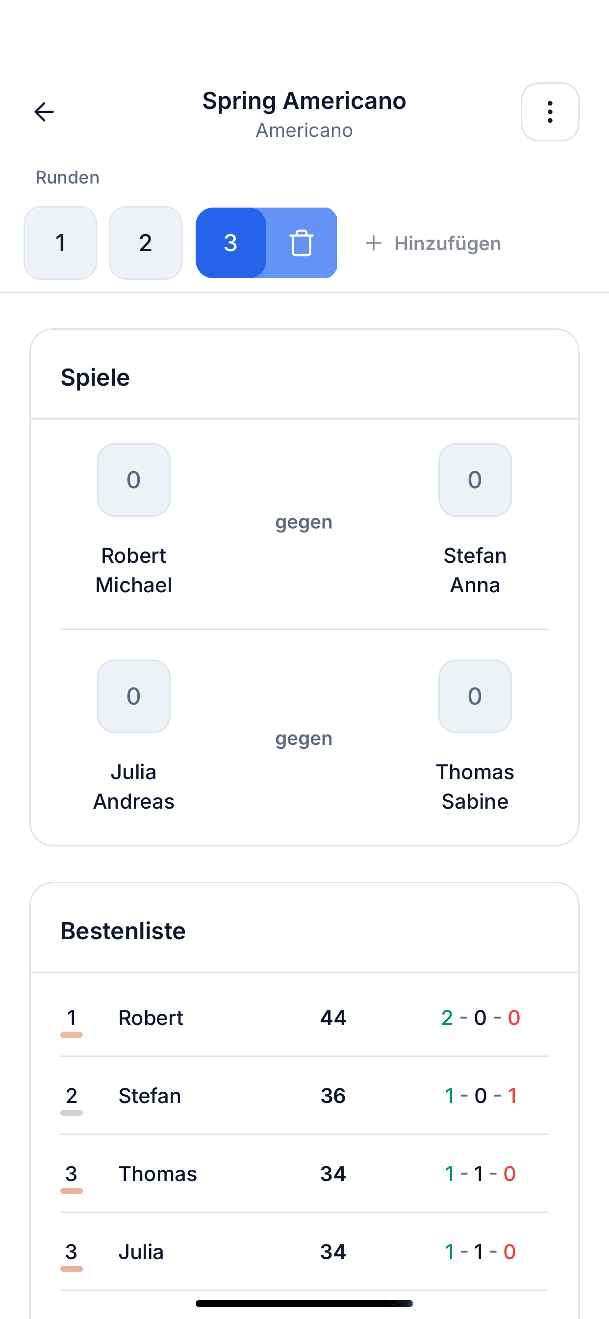Live-Wertungsbildschirm mit Punkteingabe pro Spiel