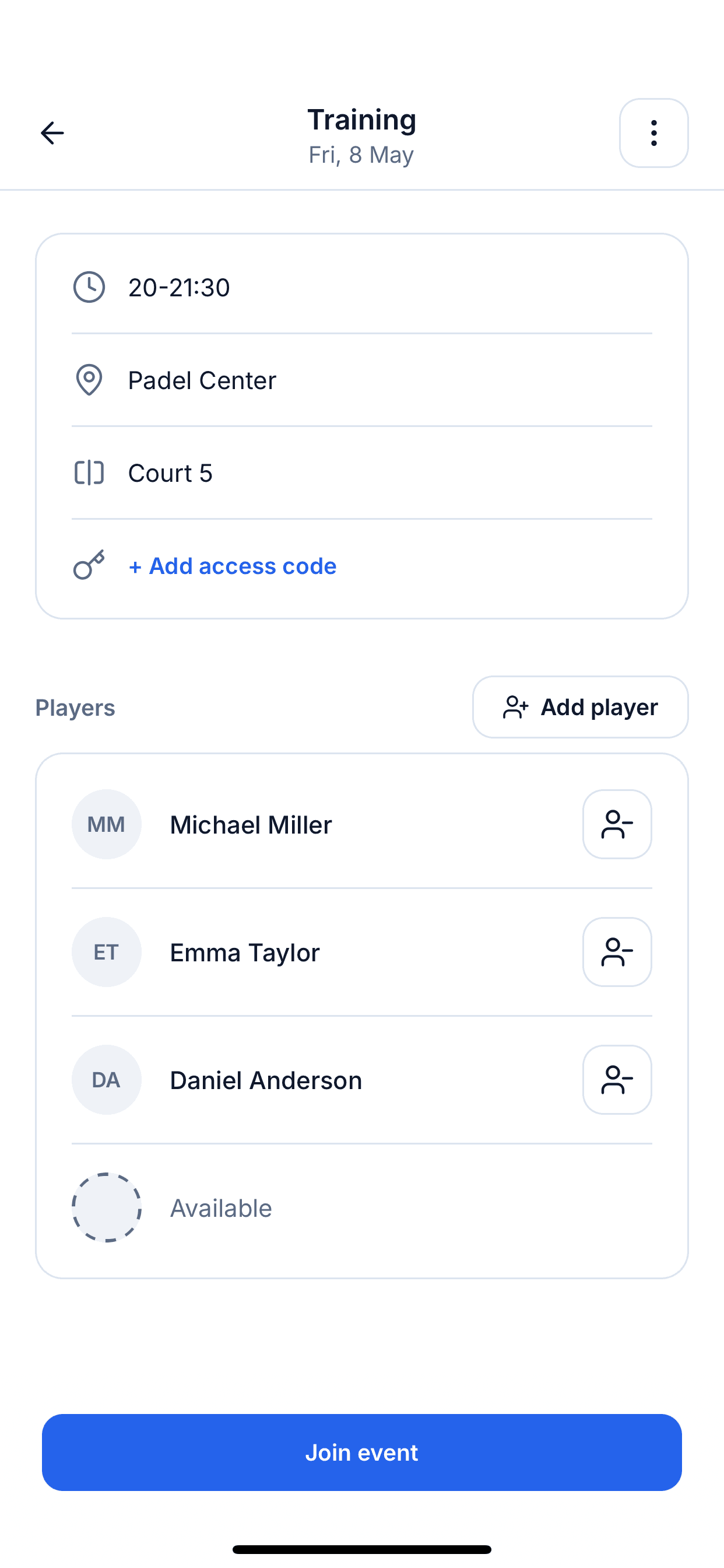 Events screen listing upcoming sessions players can join