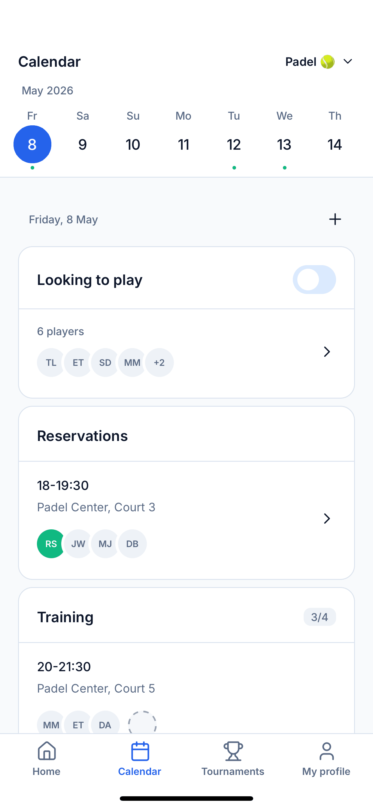 Group availability screen showing players marked as available for a date