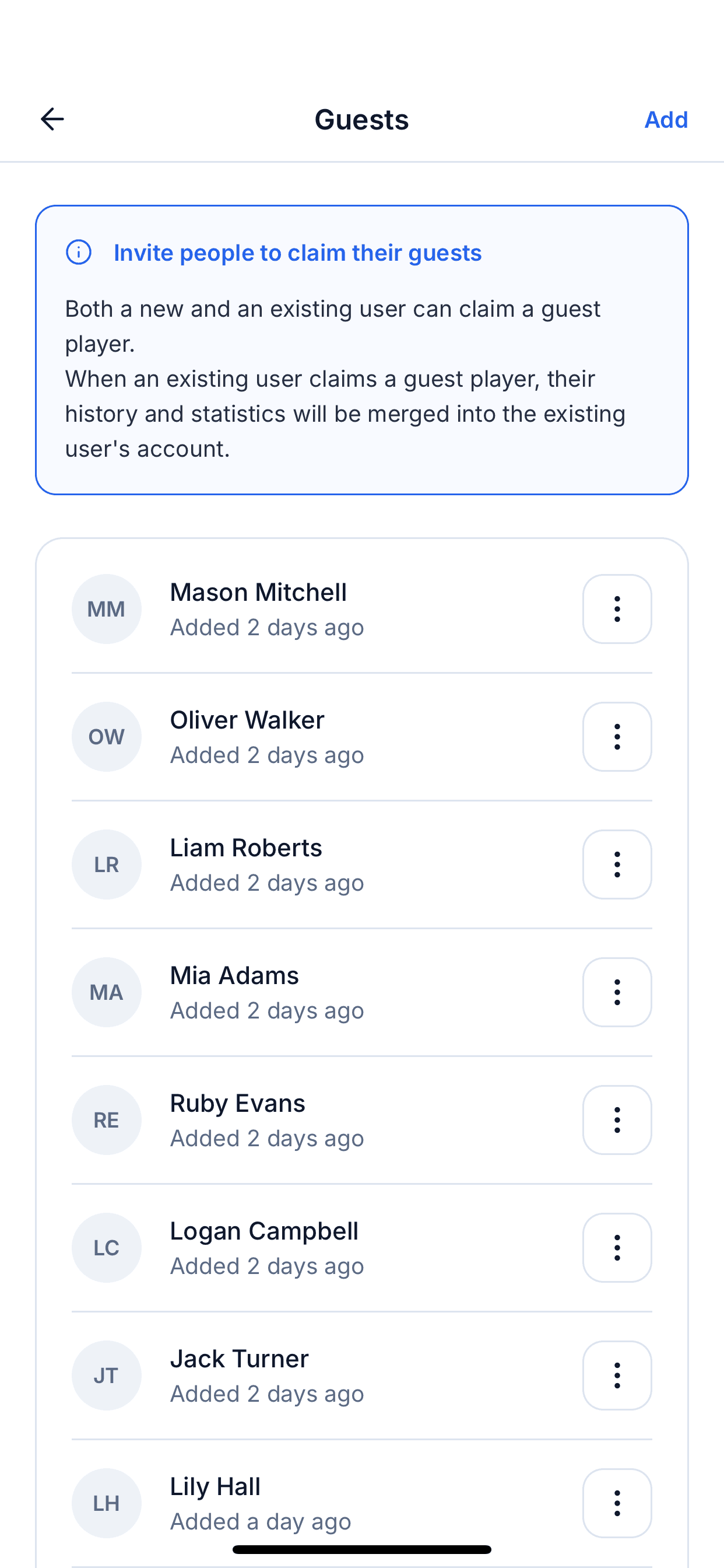 Manage guests screen showing guest players a group admin has added