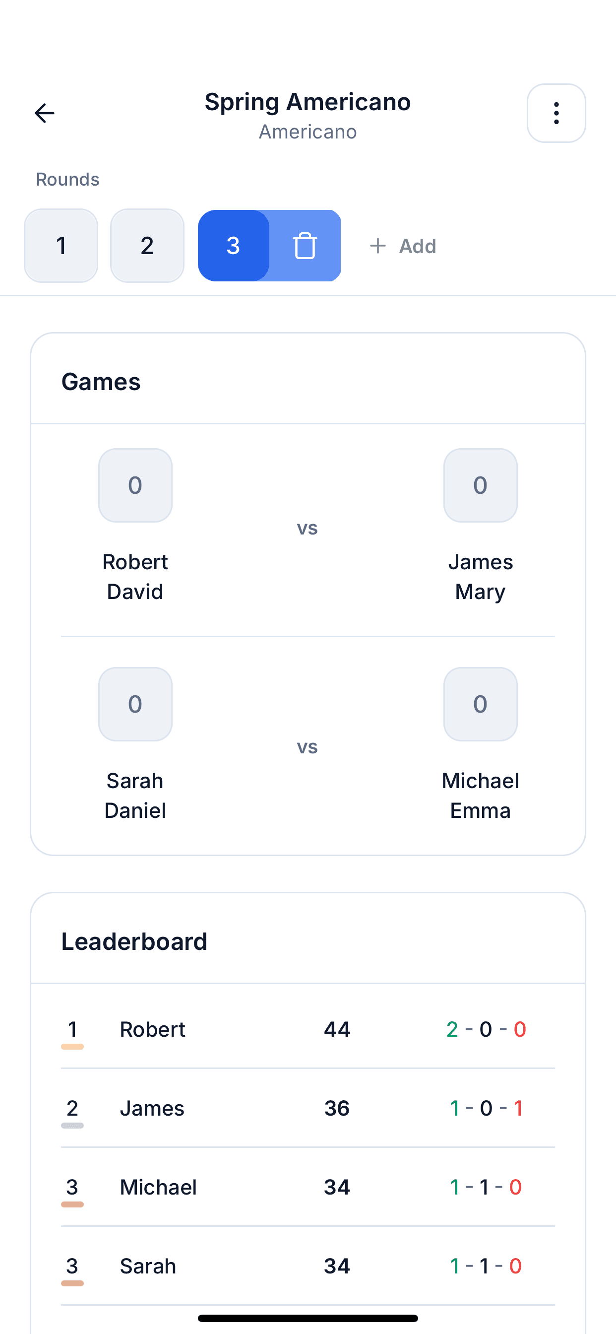 Live scoring screen with per-game point entry