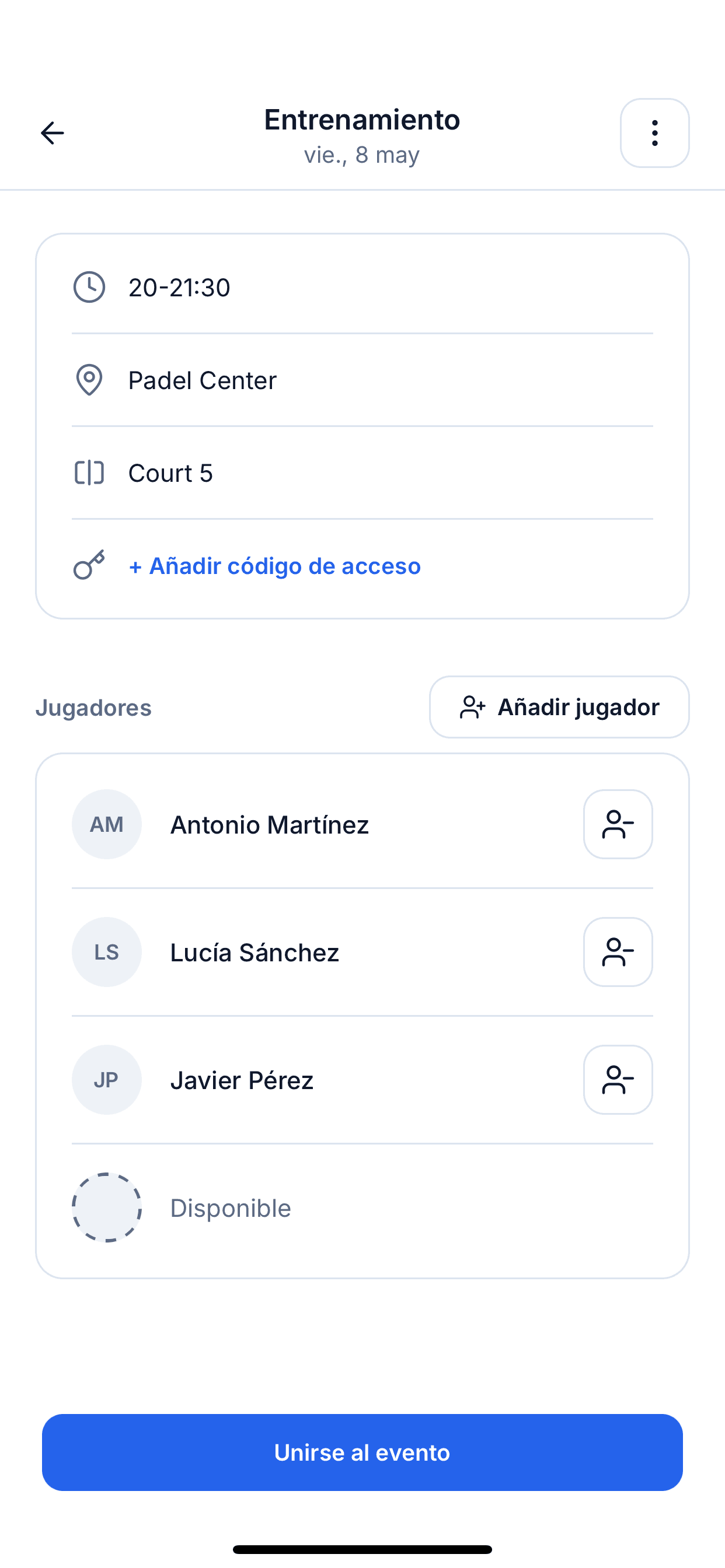 Pantalla de eventos con las próximas sesiones a las que los jugadores pueden apuntarse