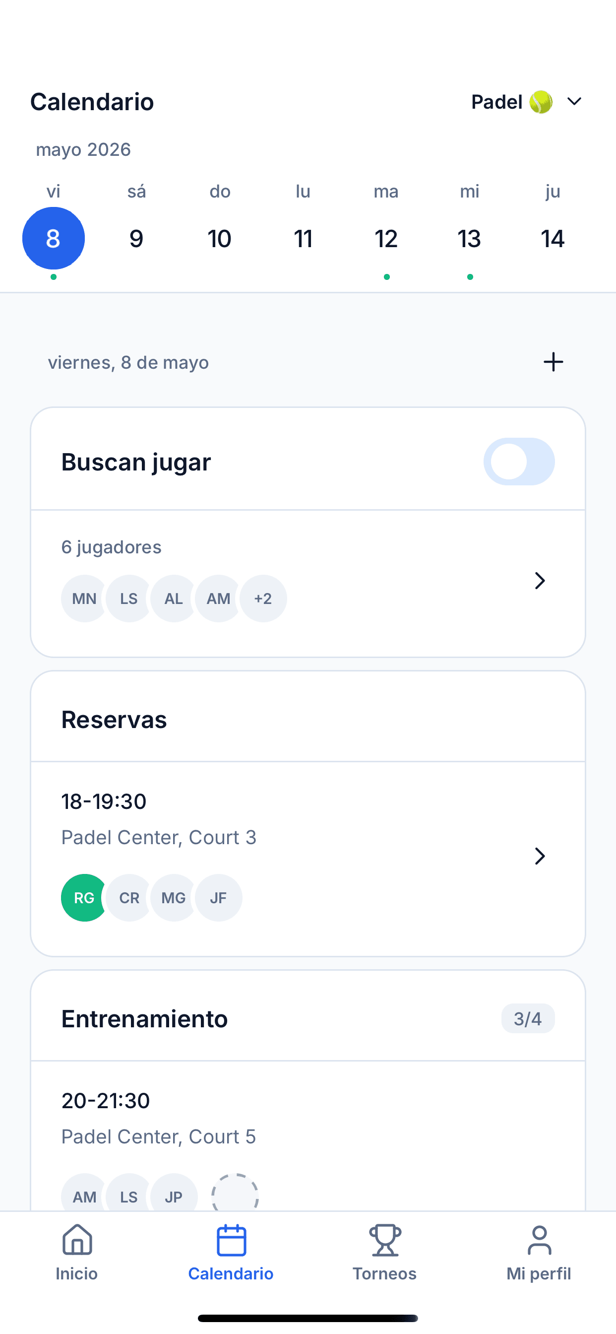 Pantalla de disponibilidad del grupo mostrando los jugadores marcados como disponibles para una fecha