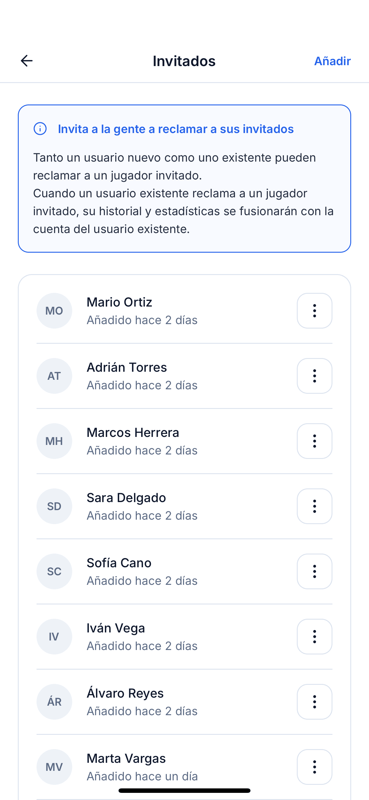 Pantalla de gestión de huéspedes con los jugadores añadidos por un administrador