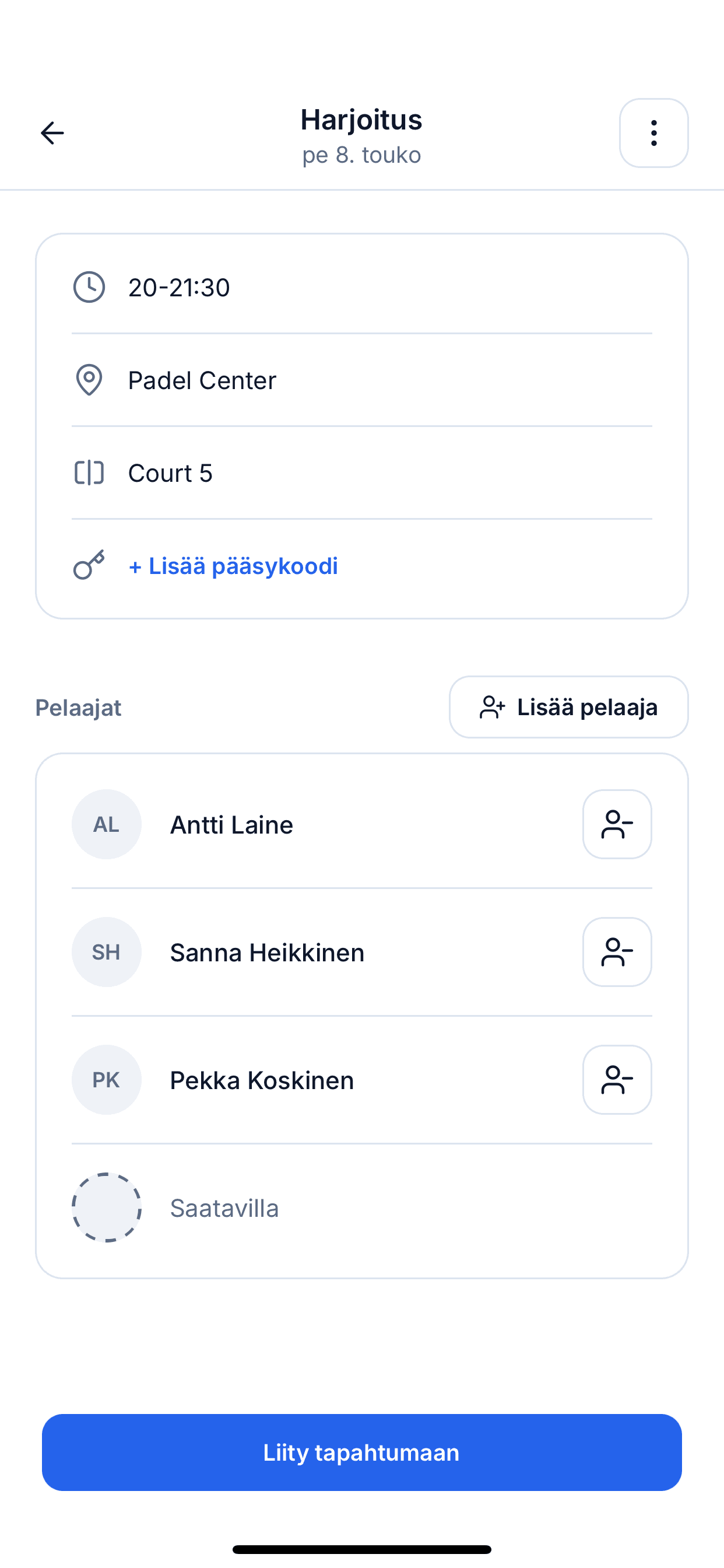 Tapahtumanäyttö, jossa luetellaan tulevat pelivuorot, joihin pelaajat voivat liittyä