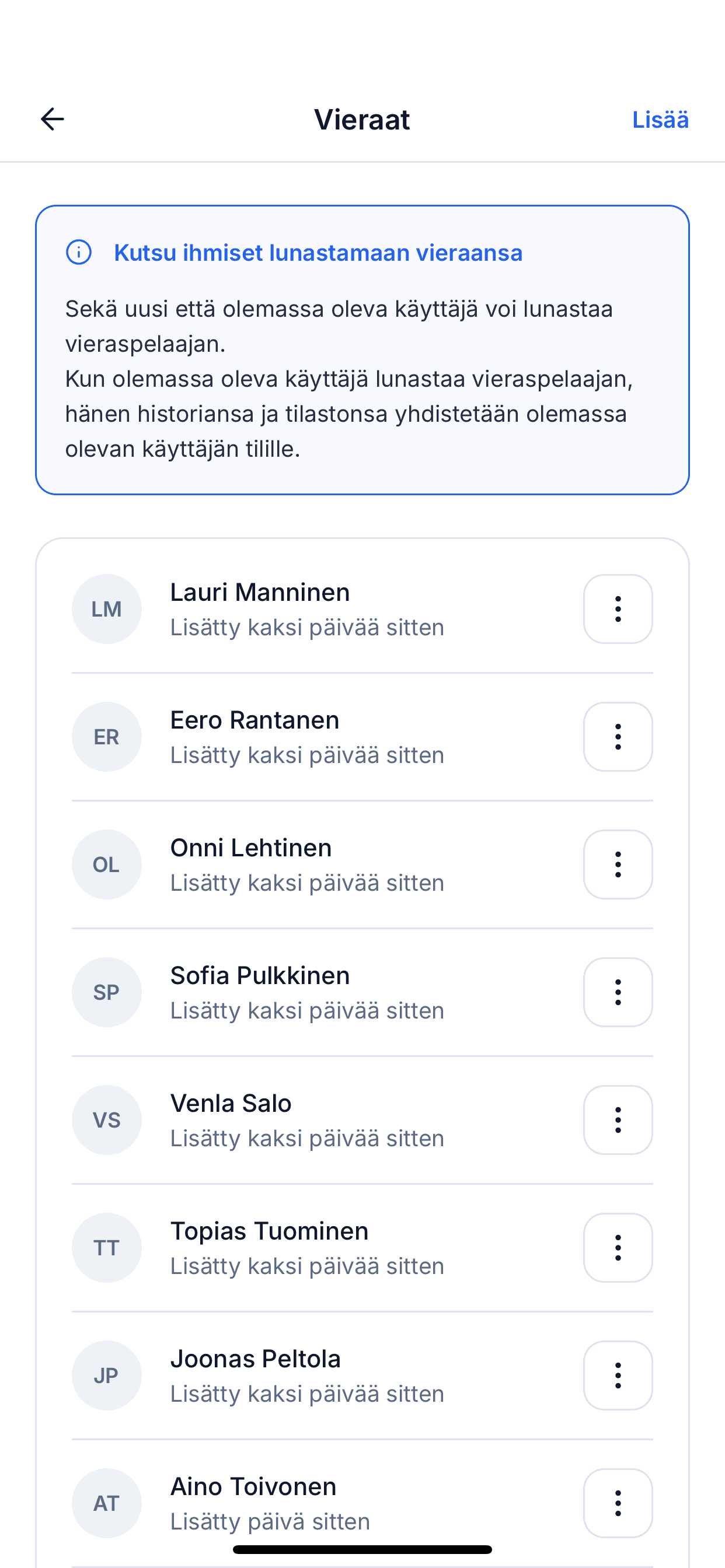 Vieraiden hallintanäyttö, jossa ylläpitäjän lisäämät vieraspelaajat