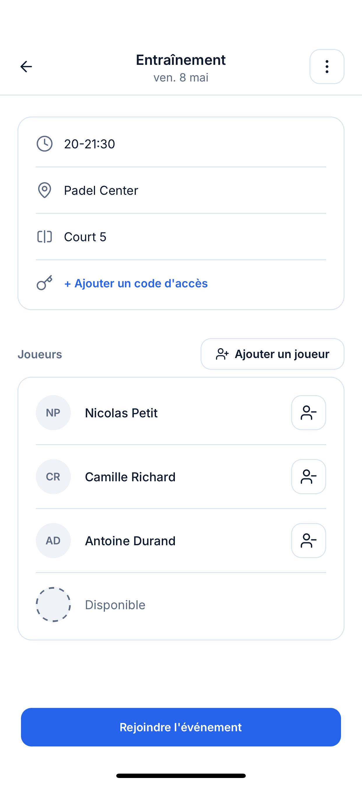 Écran d'événements listant les prochaines sessions auxquelles les joueurs peuvent s'inscrire