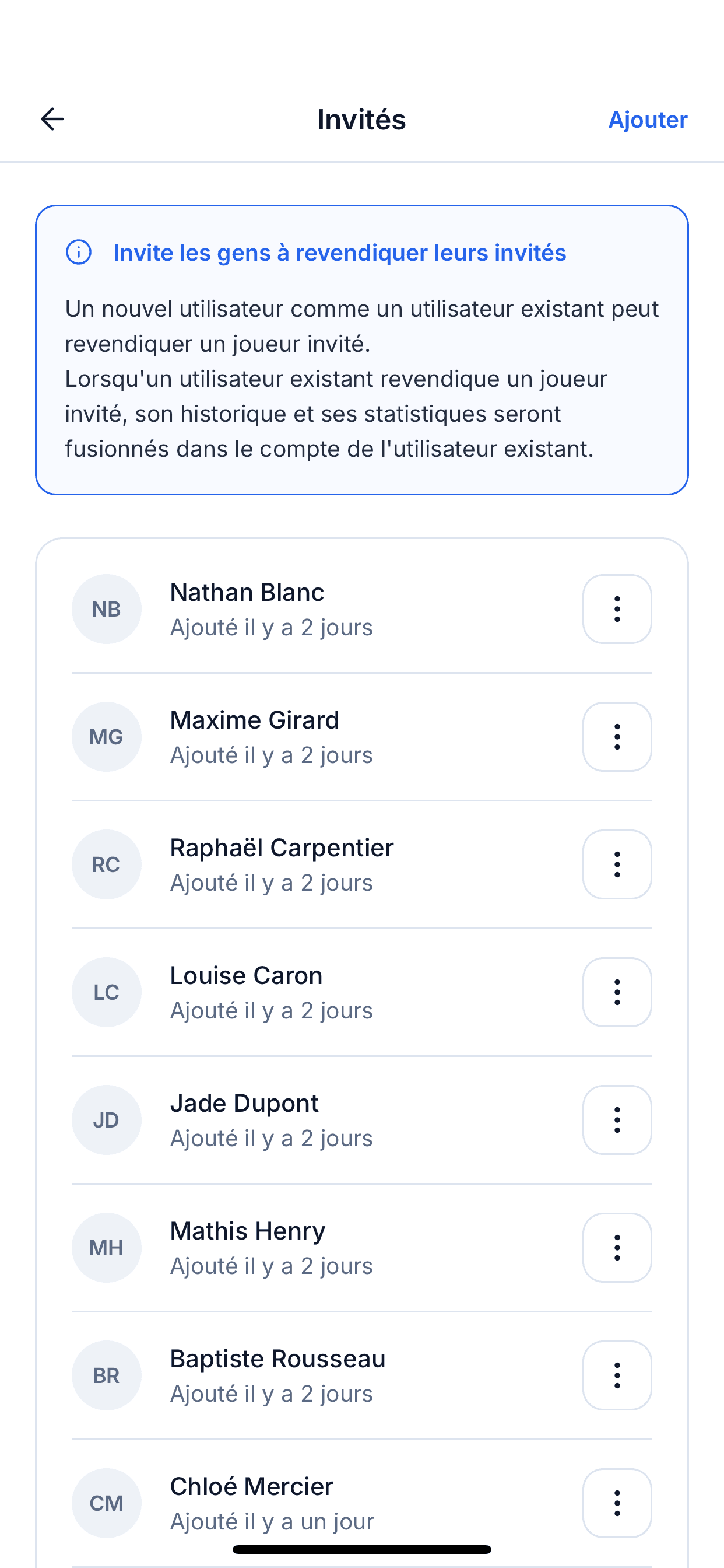 Écran de gestion des invités montrant les invités ajoutés par un administrateur