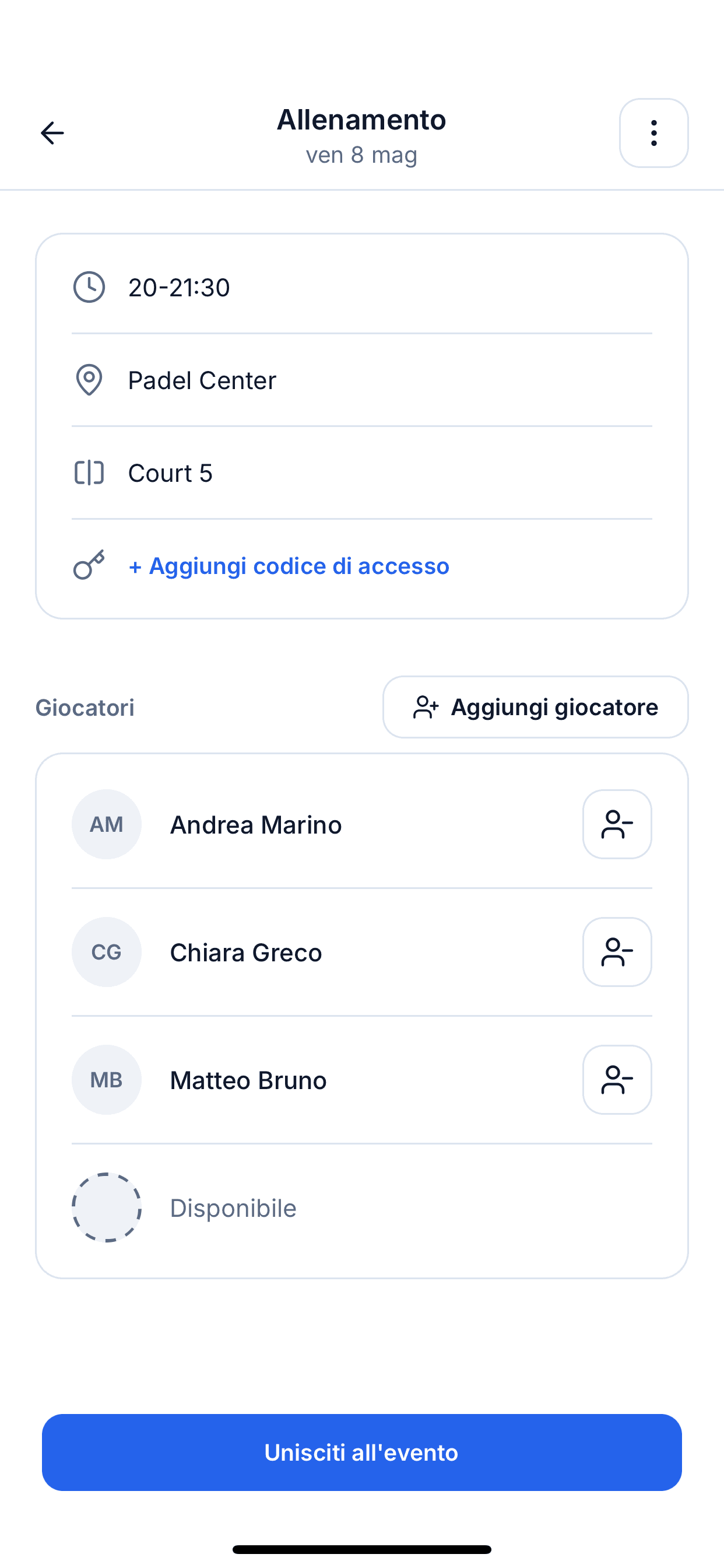 Schermata eventi con l'elenco delle prossime sessioni a cui i giocatori possono iscriversi