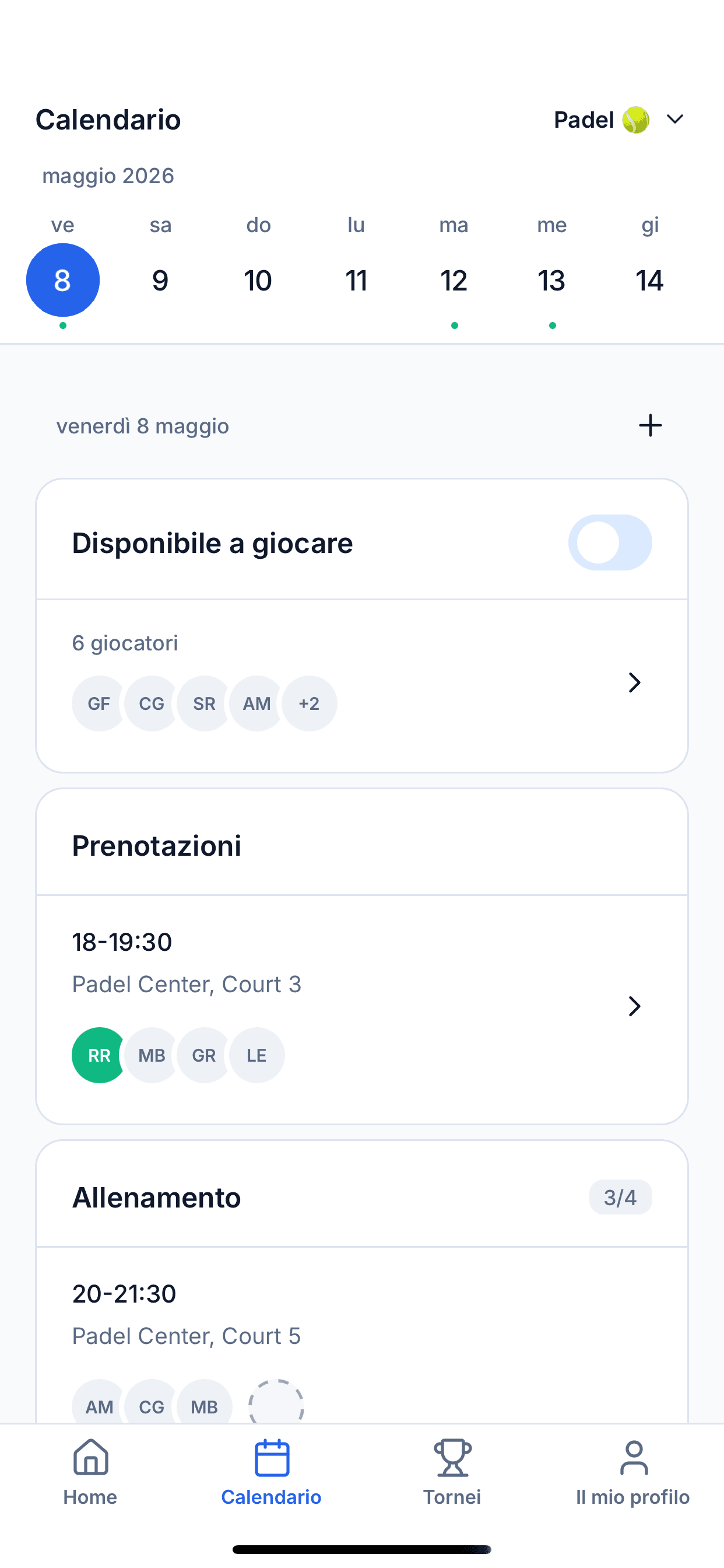Schermata di disponibilità del gruppo che mostra i giocatori segnati come disponibili in una data