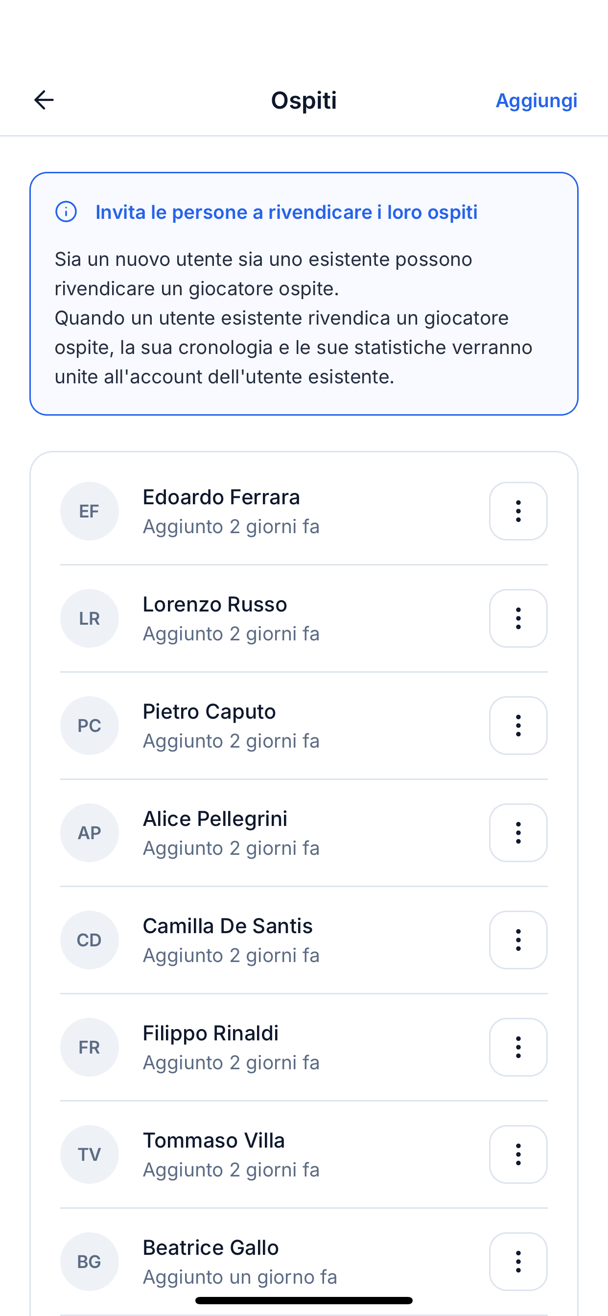 Schermata di gestione ospiti con i giocatori ospiti aggiunti da un amministratore