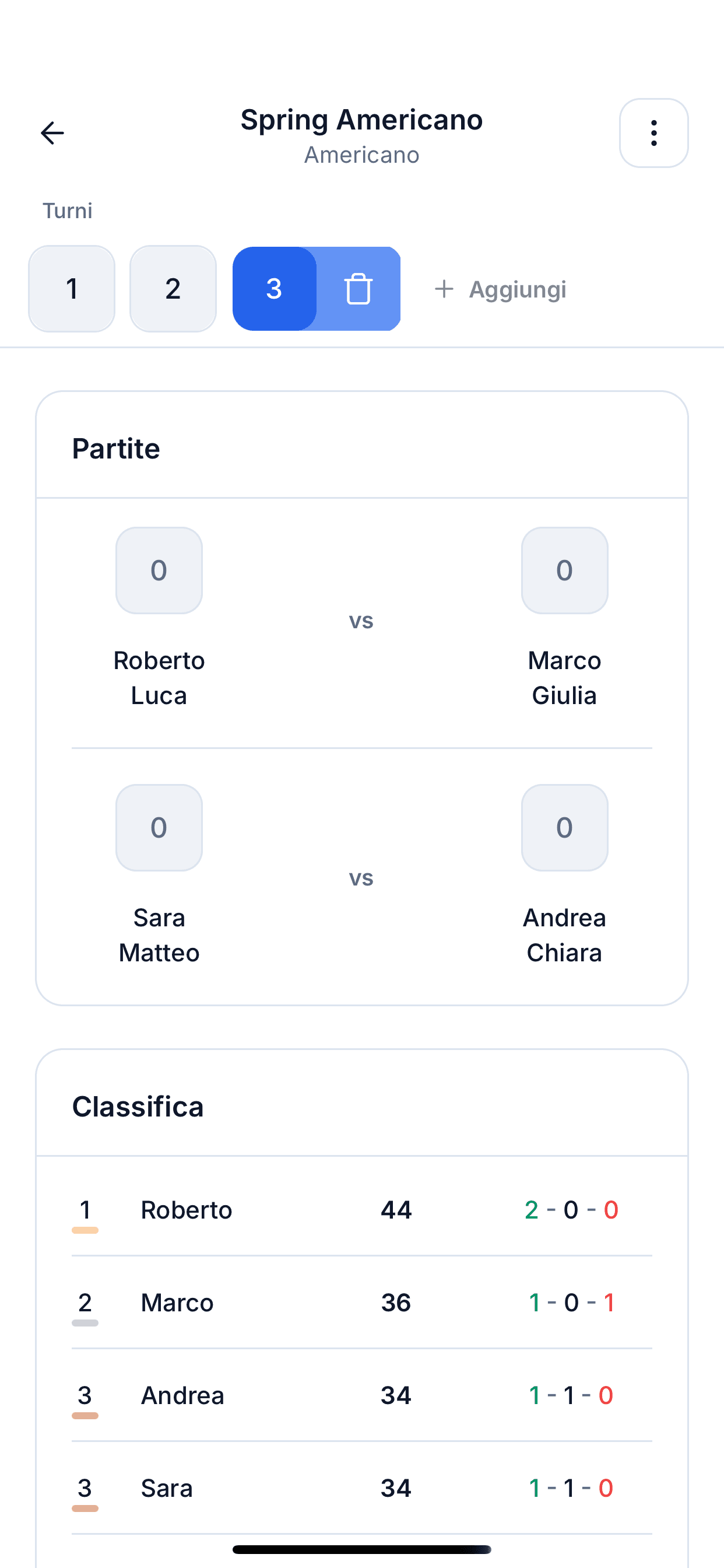 Schermata punteggio in diretta con inserimento punto per partita