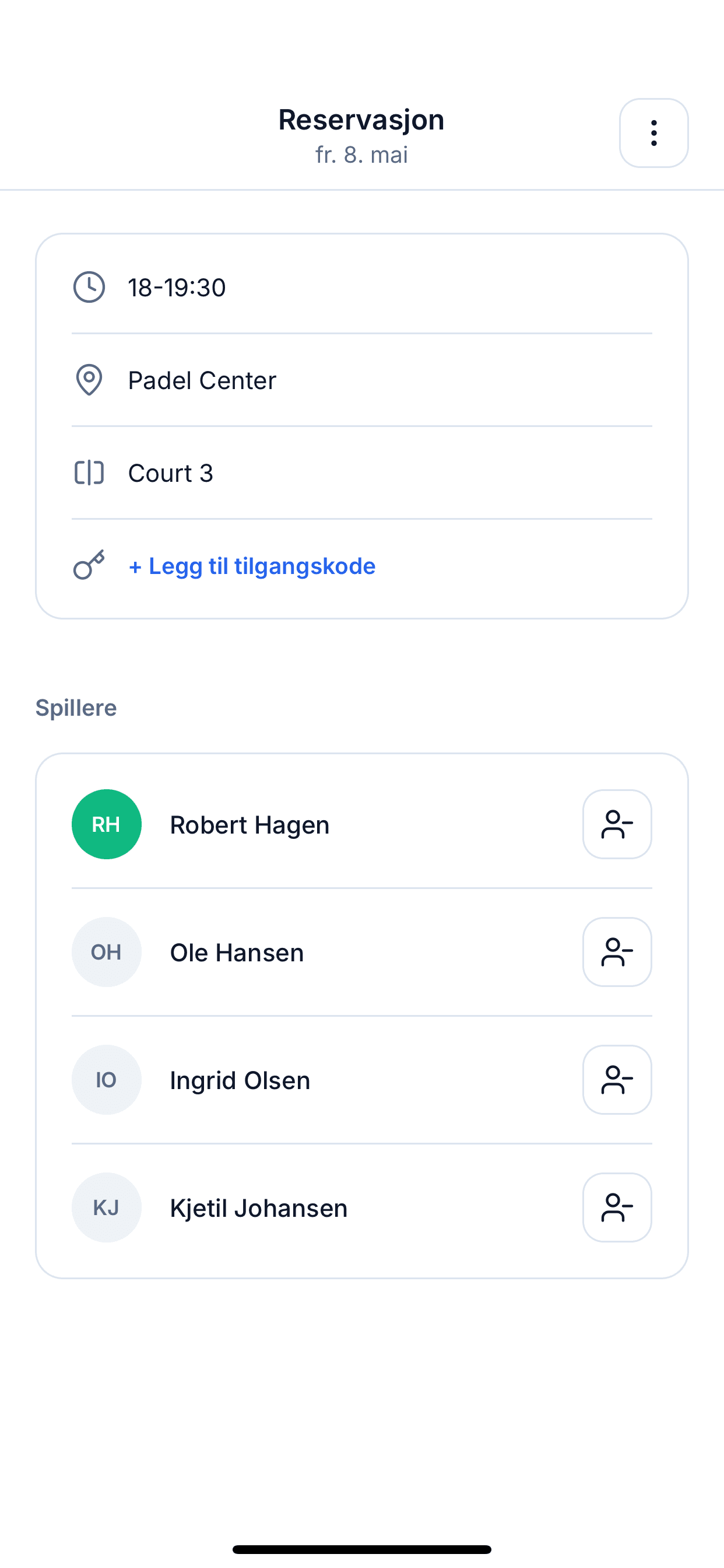 Detaljskjerm for reservasjon med spillere, tid og bane