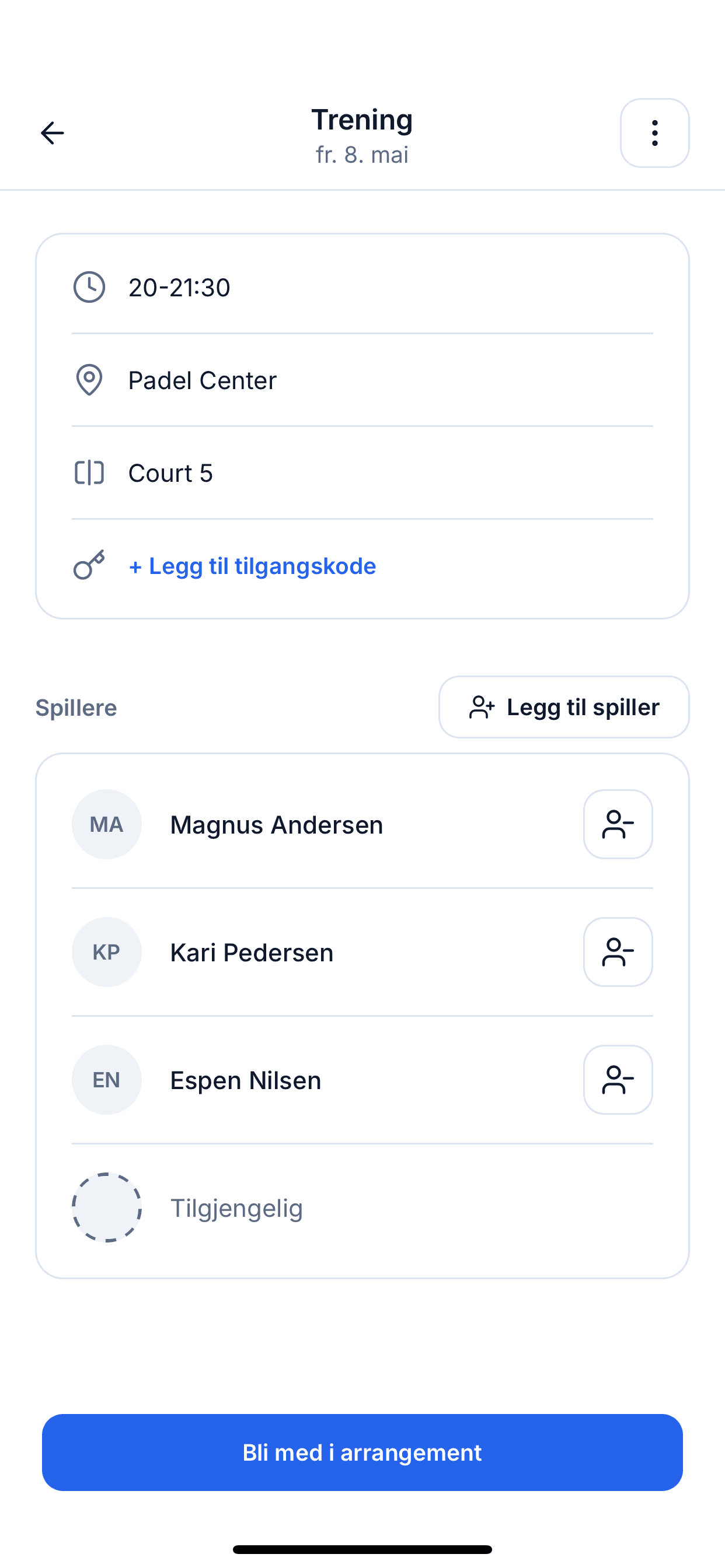 Arrangementsskjerm som lister kommende økter spillere kan bli med i