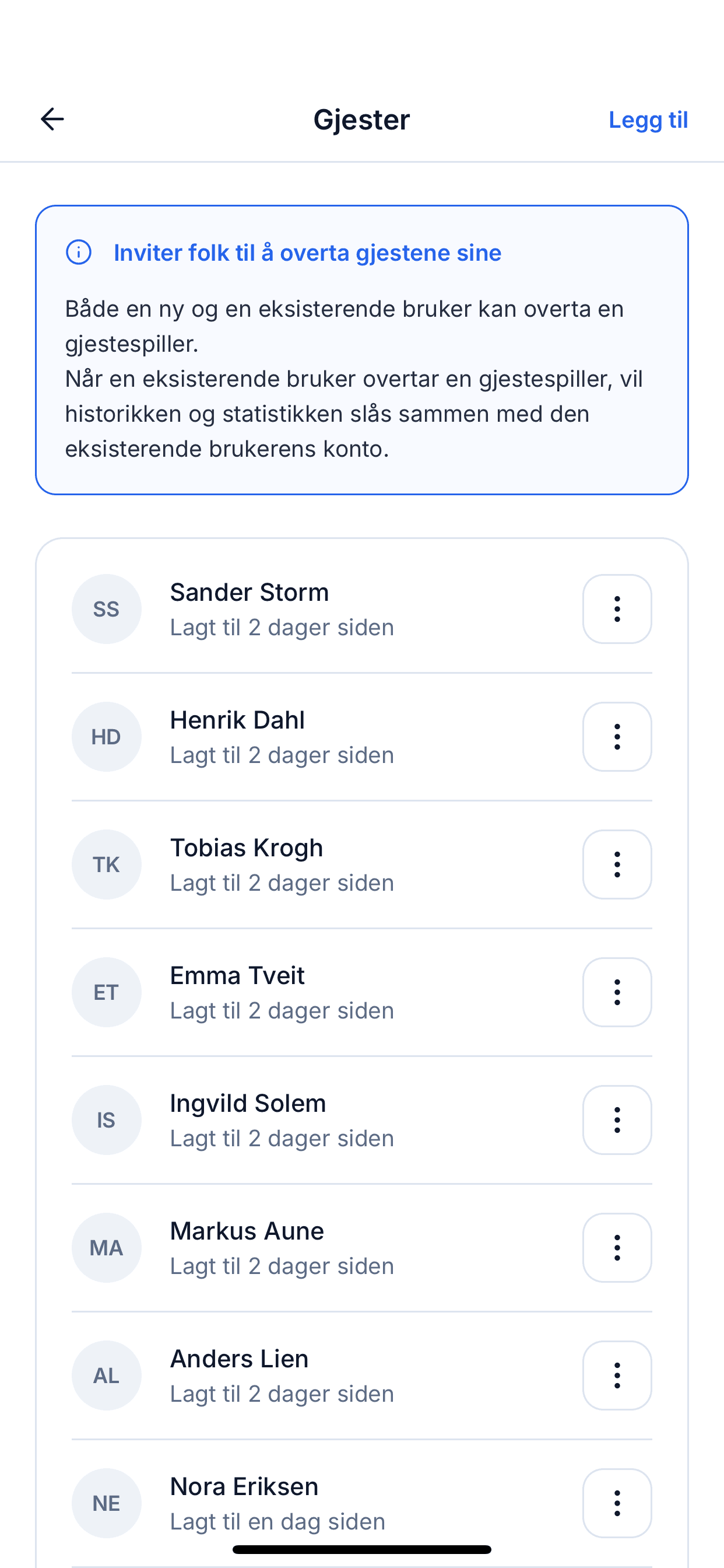 Skjerm for gjestehåndtering med gjestespillere som en administrator har lagt til