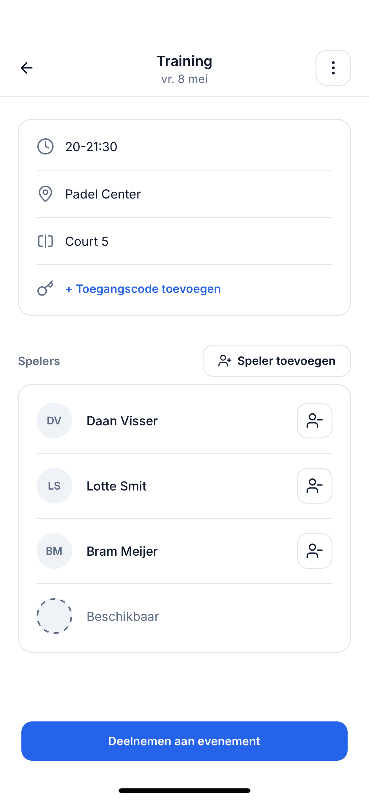 Evenementenscherm met aankomende sessies waar spelers aan kunnen deelnemen