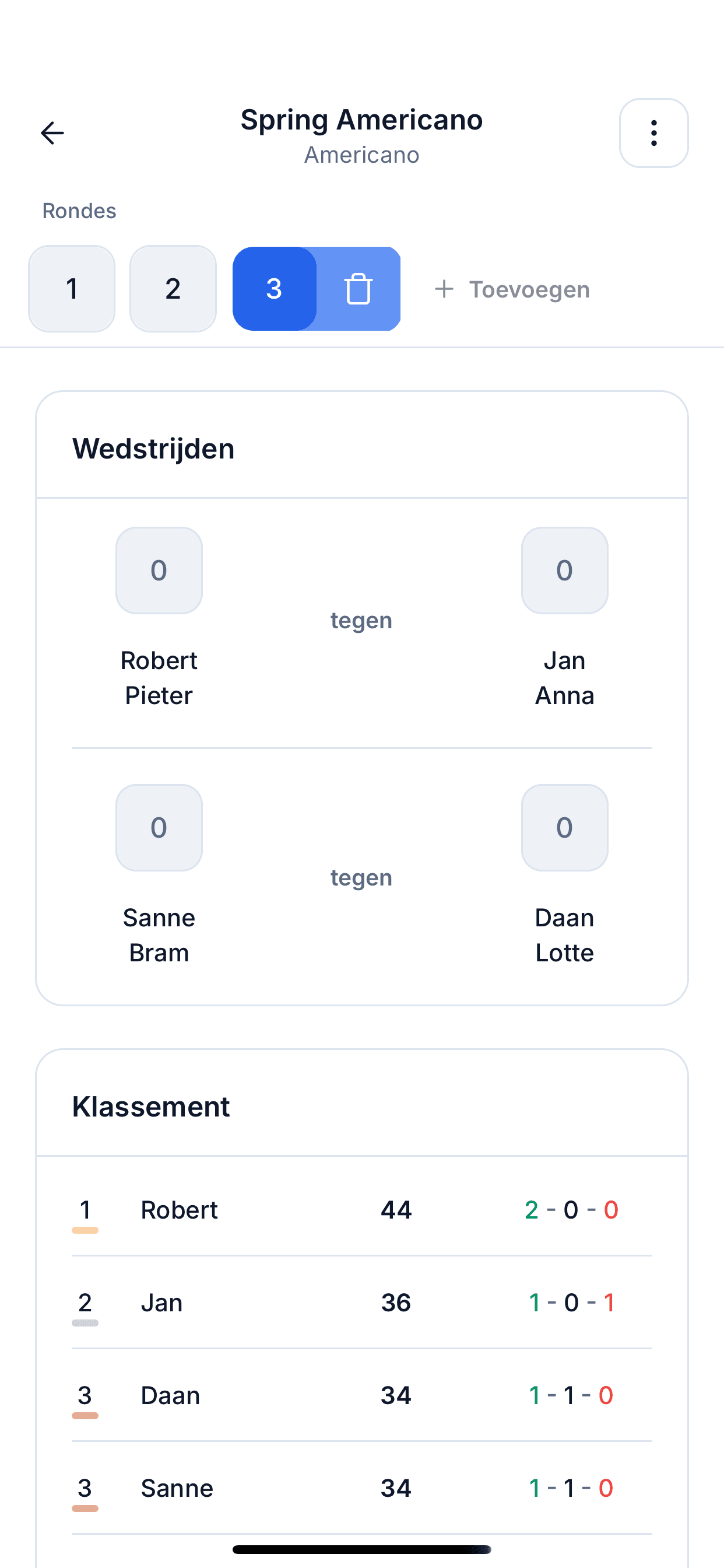 Live-scorescherm met puntinvoer per wedstrijd