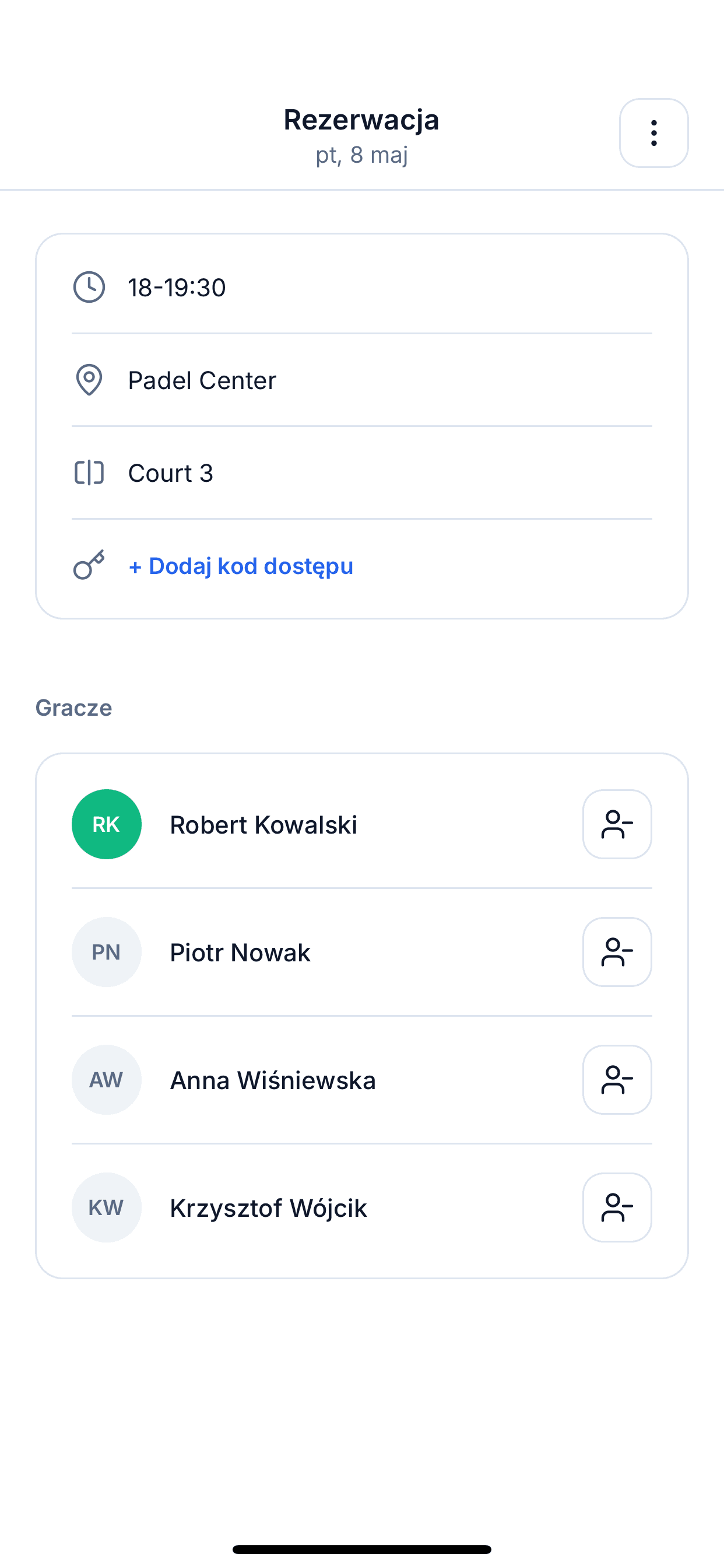 Ekran szczegółów rezerwacji z graczami, godziną i kortem