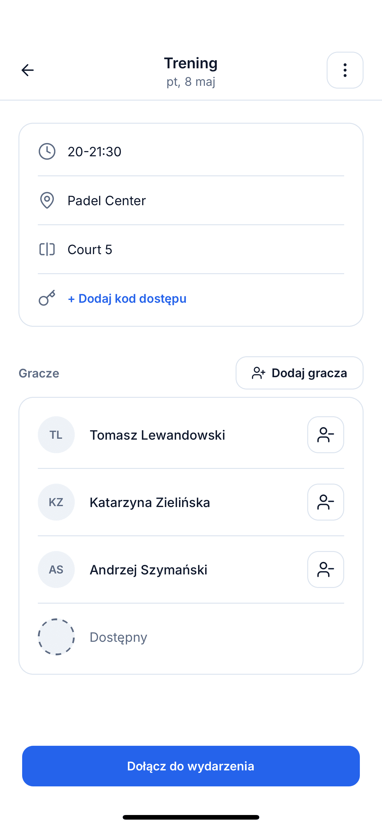 Ekran wydarzeń z listą nadchodzących sesji, do których gracze mogą dołączyć