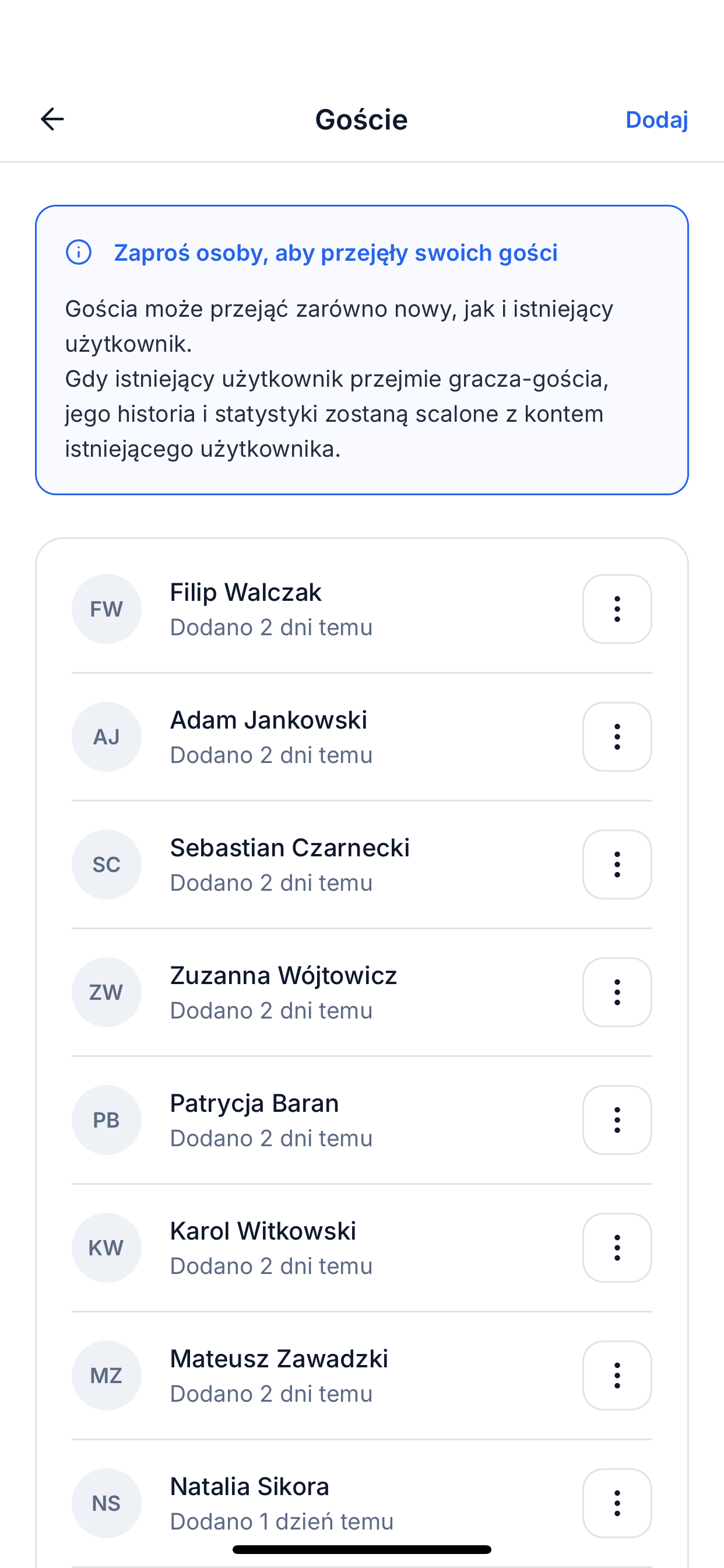 Ekran zarządzania gośćmi pokazujący graczy gości dodanych przez administratora