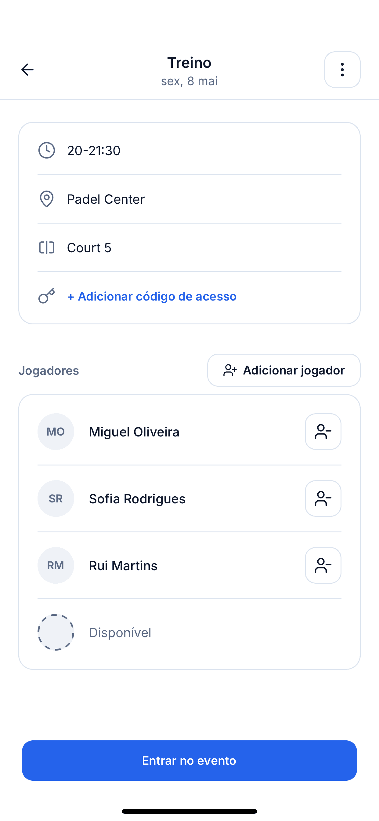 Ecrã de eventos com a listagem de próximas sessões a que os jogadores podem aderir