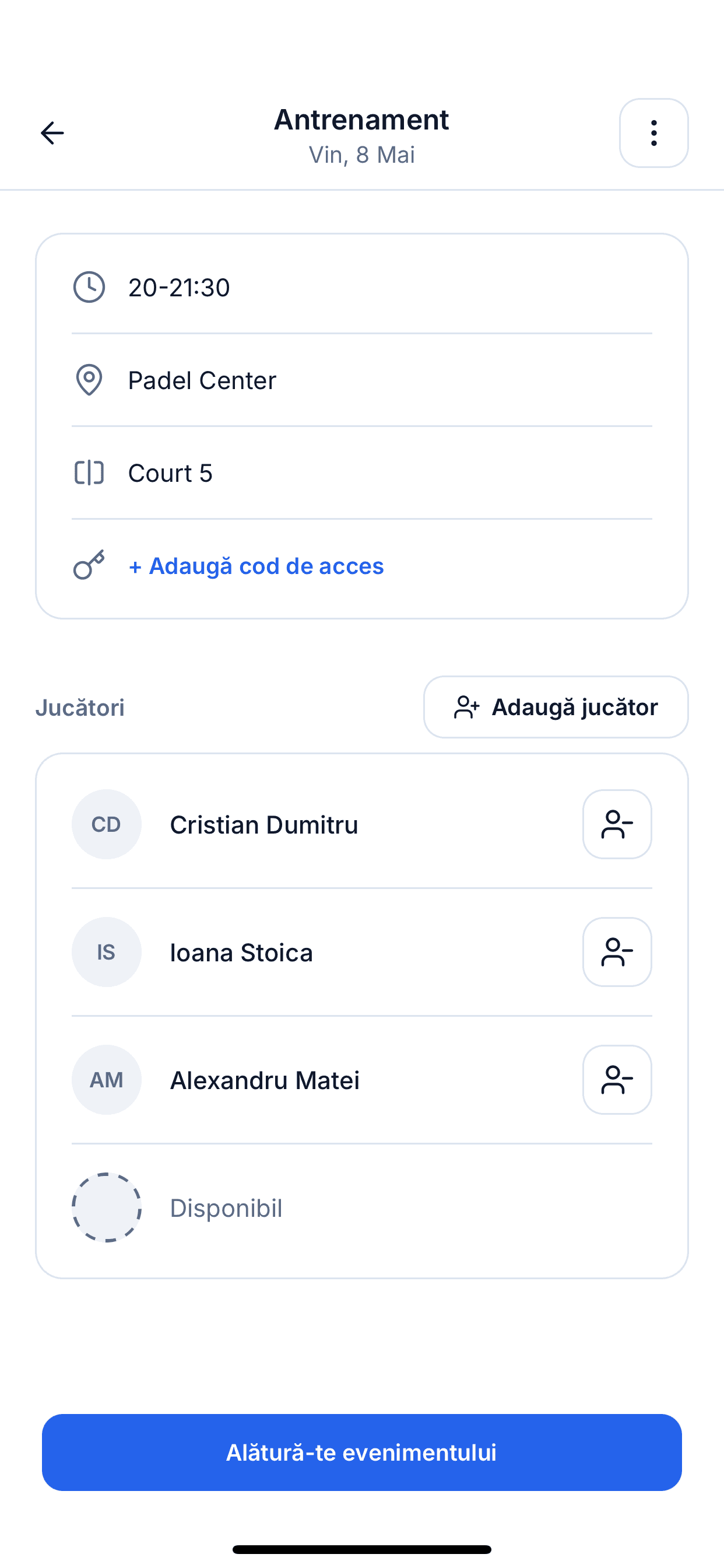 Ecranul cu evenimente listând sesiunile viitoare la care jucătorii se pot înscrie
