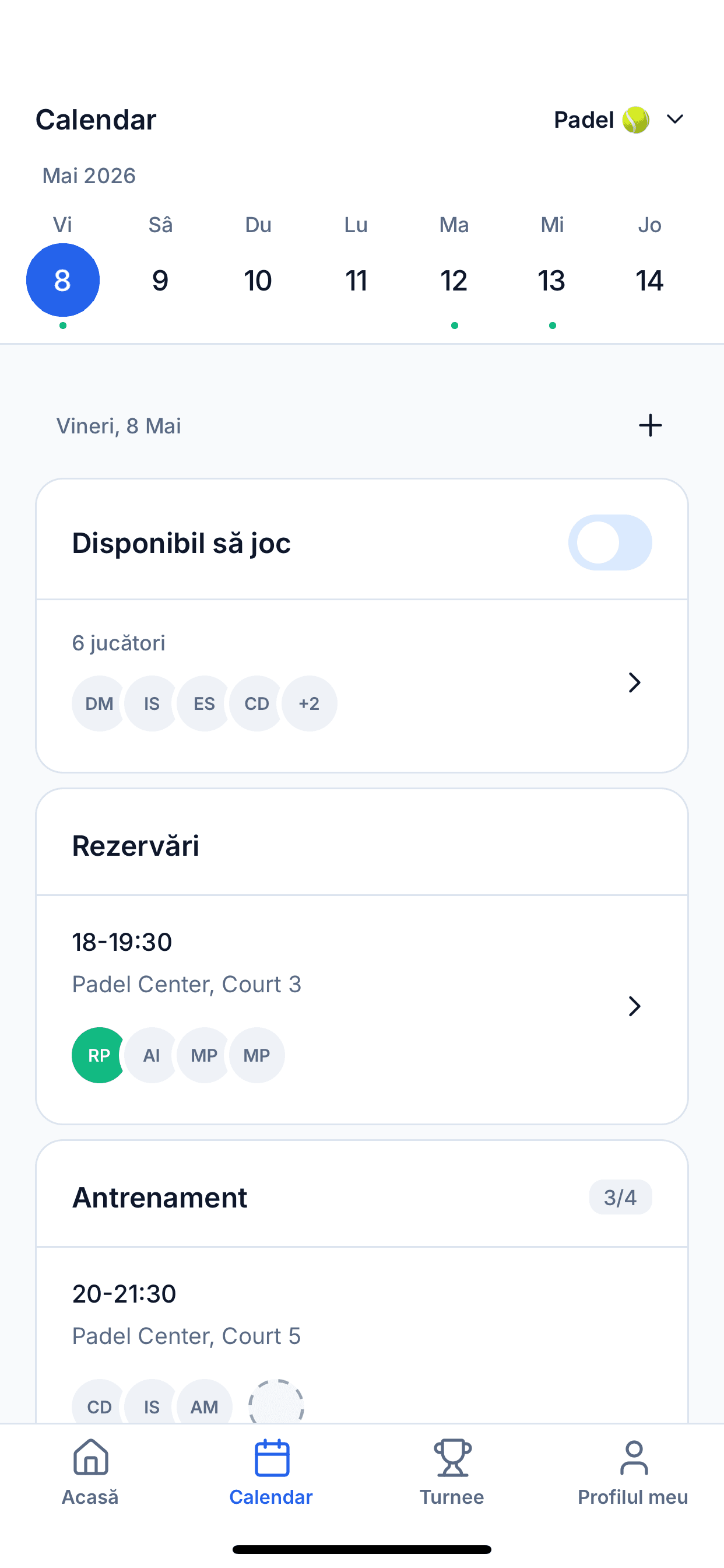 Ecranul de disponibilitate al grupului afișând jucătorii marcați ca disponibili într-o zi