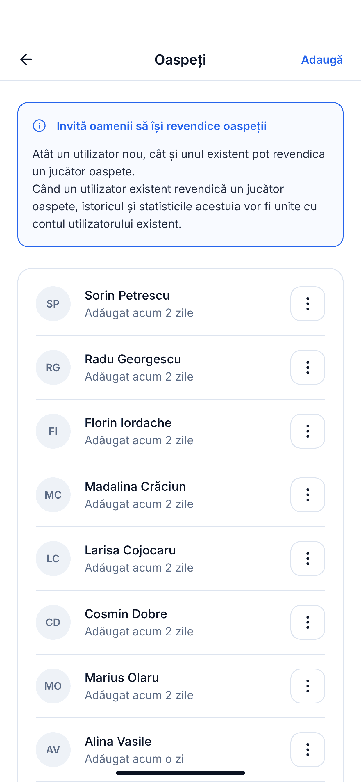 Ecranul de gestionare a oaspeților cu jucătorii oaspeți adăugați de un administrator