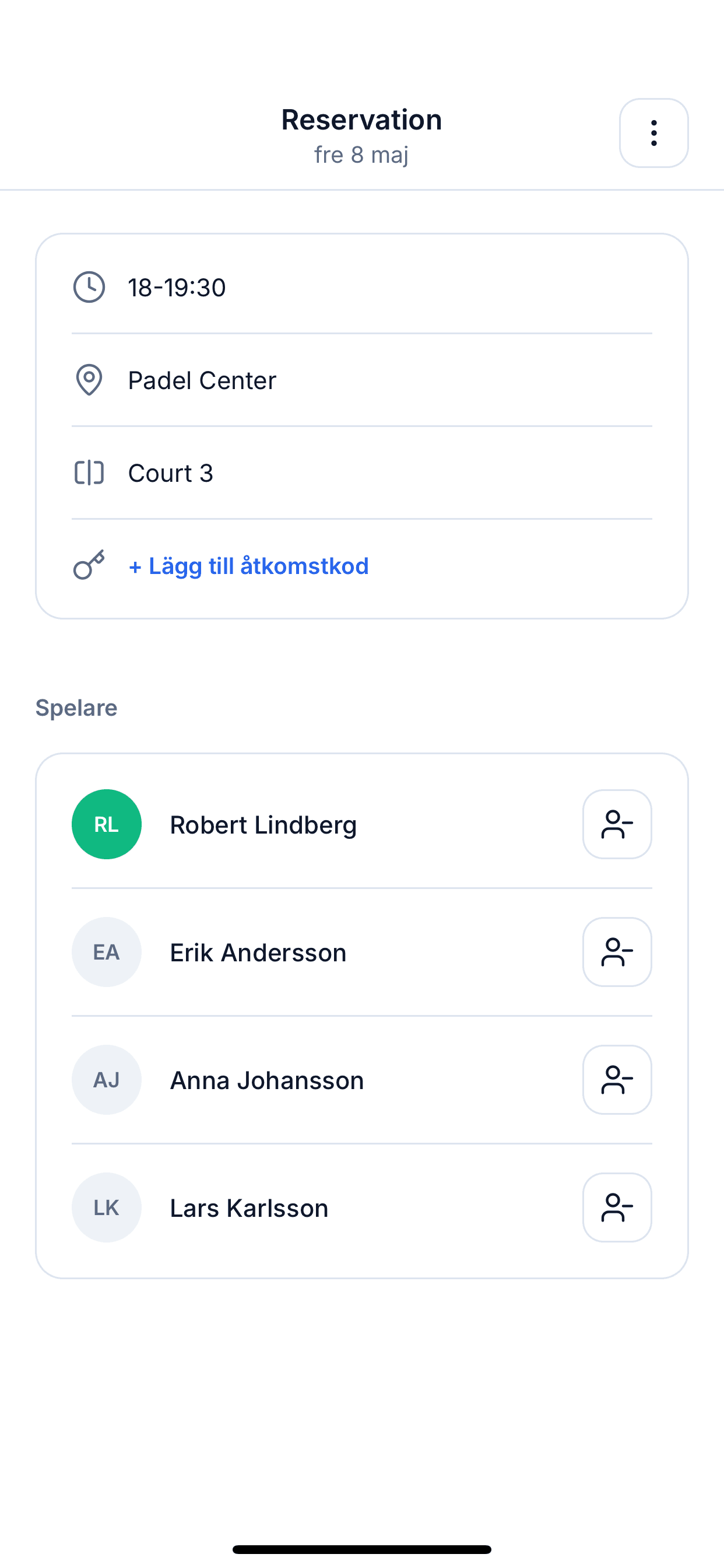 Reservationsskärm med spelare, tid och bana