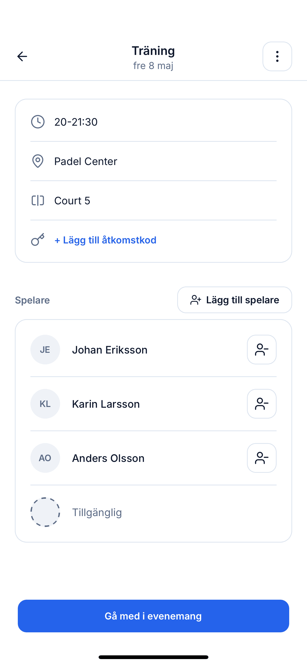 Evenemangsskärm med kommande sessioner som spelare kan ansluta till