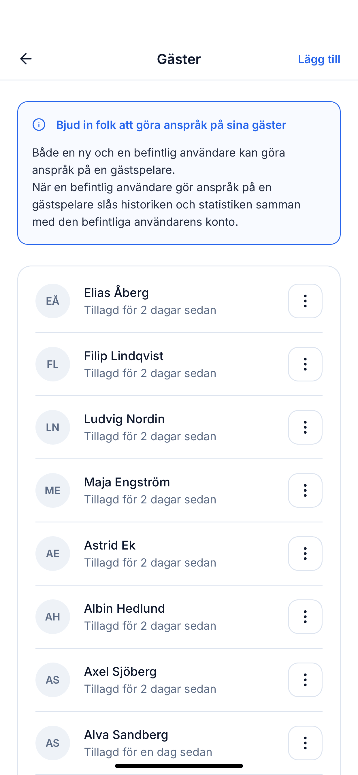 Gästhanteringsskärm med gästspelare som en administratör har lagt till